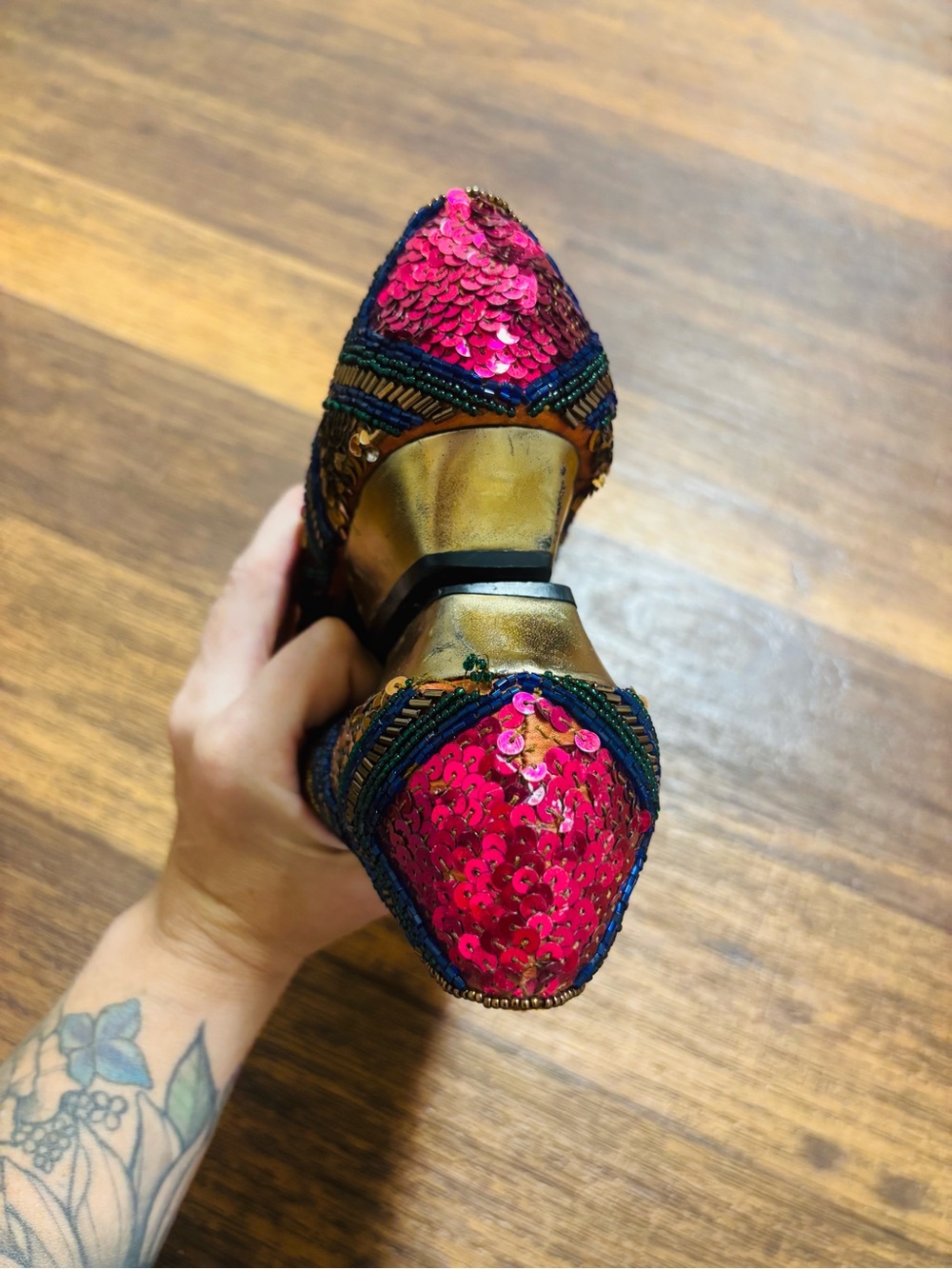 Women's Embellished Pointed Ballet Flat - Black & Gold with Pink Accents - Picture 6 of 10